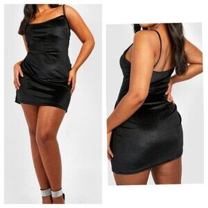 NWT Boohoo Black Velvet Strappy Mini Dress Plus sz 16 LBD Little Black Dress